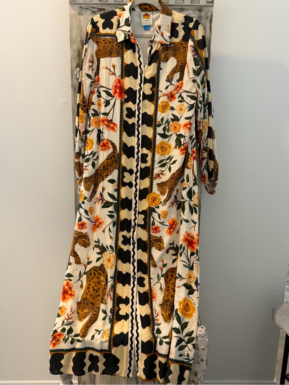 Anthropologie Cream Maxi Shirt Dress with Floral & Leopard Motif